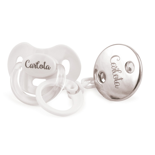 Pack premium chupete+cadena personalizado blanco/plateado